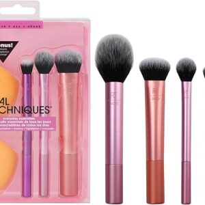 Real Techniques Everyday Essentials + Makeup Sponge Kit, 4 Makeup Brushes and 2 Makeup Blender Sponges,Blush, Bronzer, Eyeshadow, and Powder, Synthetic Bristles, Cruelty-Free, 6 Piece Set
