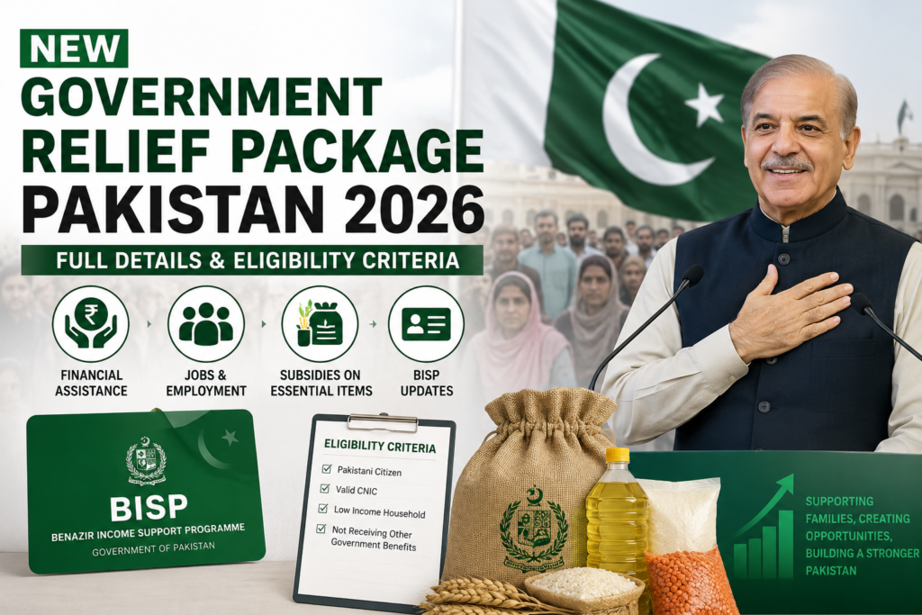Govt Schemes Pakistan 2026 relief package showing eligibility criteria, financial aid, BISP update Pakistan, jobs support and subsidies in Pakistan